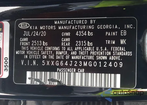 2021 Kia K5 Gt-Line z USA, uszkodzony, nr VIN 5XXG64J23MG012409